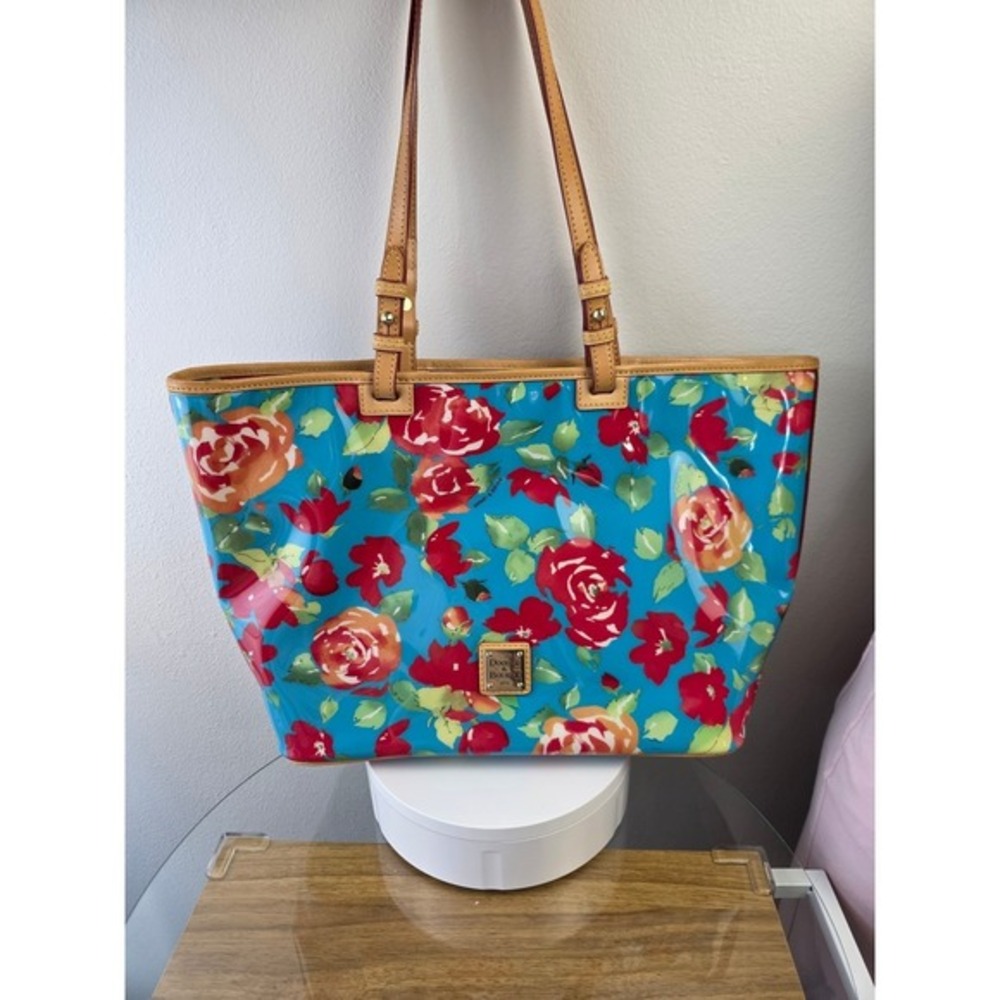 Dooney & Bourke Blue Floral Rose Coated Canvas Tote Bag Leather Trim Shopper
